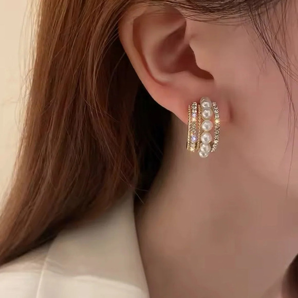 Anthropologie Gold Crystal Pearl Hoop Earrings - Picture 5 of 7